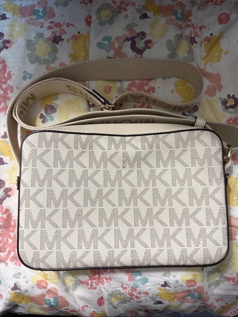 Michael Kors Cream Beige MK Logo Crossbody Bag with Gold Hardware - Picture 7 of 7